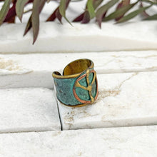 Load image into Gallery viewer, Handcrafted Verdigris Peace Sign Brass Patina Ring