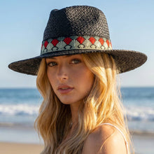 Load image into Gallery viewer, Straw Fedora With Embroidered Fan Motif Band: BK