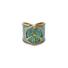 Load image into Gallery viewer, Handcrafted Verdigris Peace Sign Brass Patina Ring