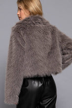 Load image into Gallery viewer, Notched Collar Faux Fur Crop Jacket: BRN-dark coffee-186630 / M
