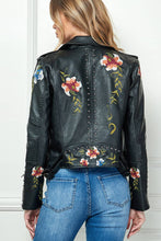 Load image into Gallery viewer, Embroidered Vegan Leather Moto Jacket - Black
