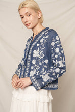 Load image into Gallery viewer, Long Sleeve Embroidered Denim Button Down Top: Dark Denim / S/M
