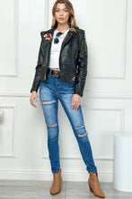 Load image into Gallery viewer, Embroidered Vegan Leather Moto Jacket - Black
