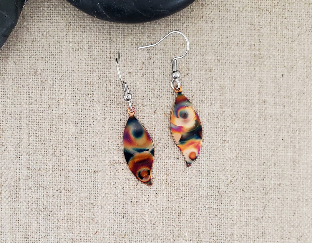 Artisan Flame Painted Copper Leaf Earrings