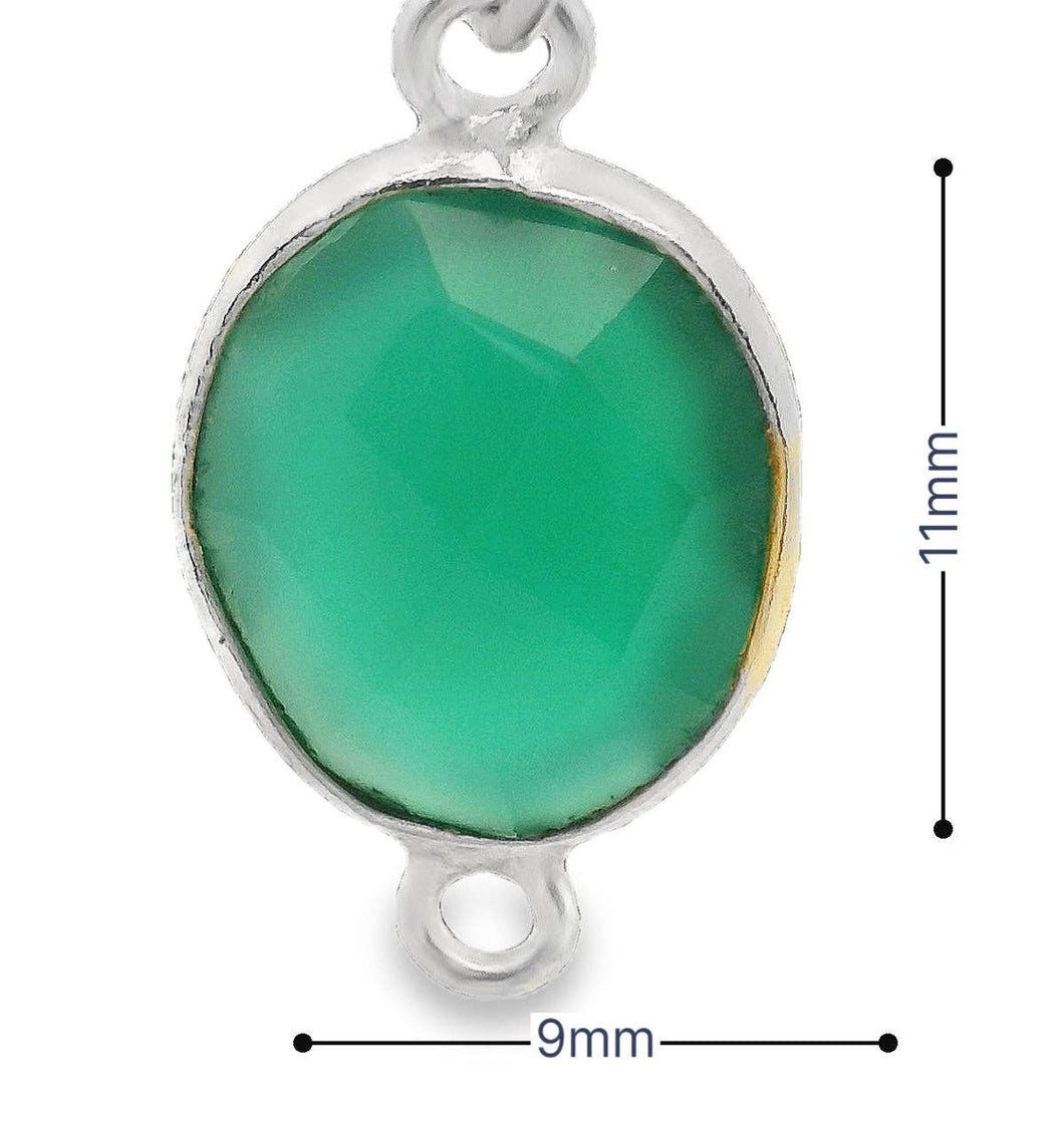 Oval Green Onyx Bezel Connector – Two Loop, Gold or Sterling Silver Plated Over 925 Silver, 9x11mm, 1Pc.: Silver Two Loop