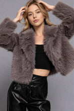 Load image into Gallery viewer, Notched Collar Faux Fur Crop Jacket: BRN-dark coffee-186630 / S
