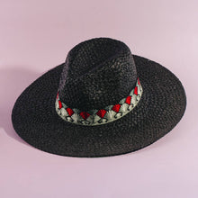 Load image into Gallery viewer, Straw Fedora With Embroidered Fan Motif Band: BK
