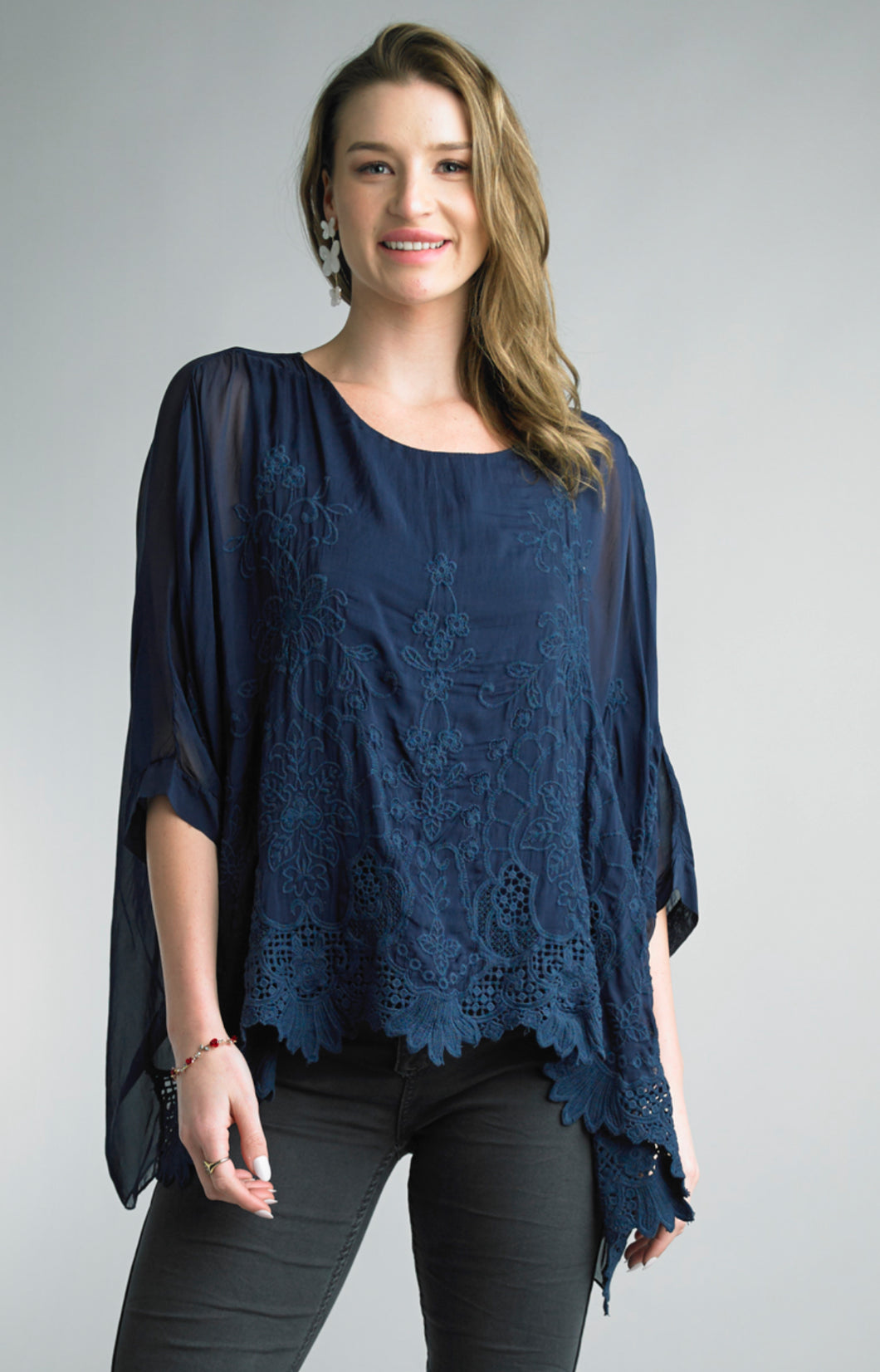 Marisa Navy Embroidered Silk Top