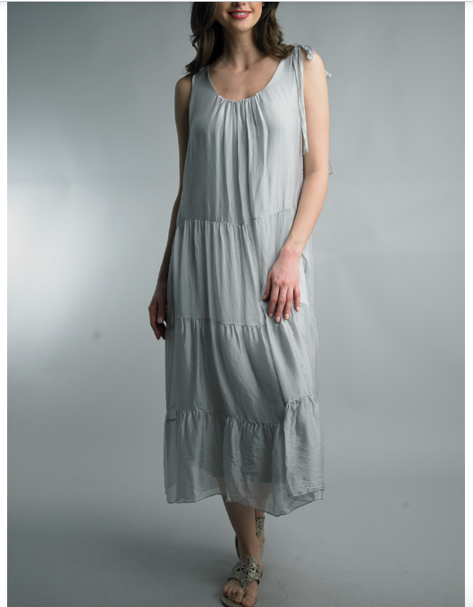 Heather Grey Silk Tiered Maxi Dress