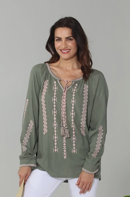 Green Garden Embroidered Peasant Top