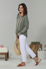 Load image into Gallery viewer, Green Garden Embroidered Peasant Top
