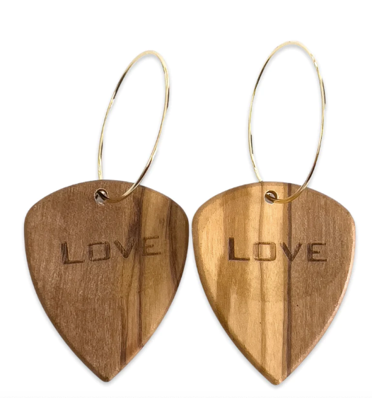 Handmade Olive Wood Love Guitar Pick Earrings