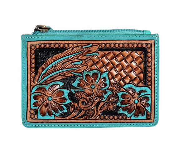 Turquoise and Tan Leather Embossed Card Holder