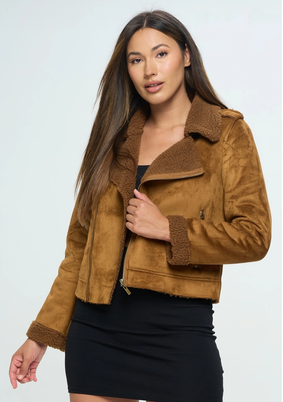Camel Faux Leather Suede Jacket