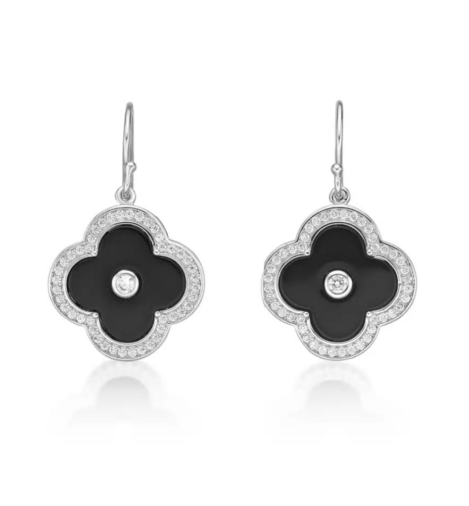Lavari Sterling Silver Onyx Clover Earrings