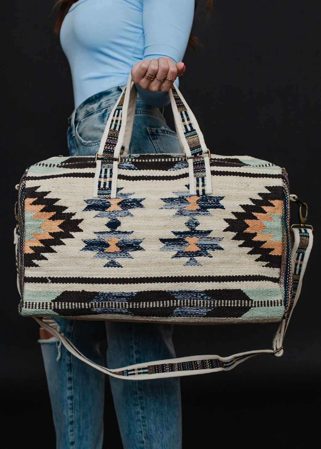 Tan, Brown & Blue Aztec Duffel Bag