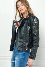 Load image into Gallery viewer, Embroidered Vegan Leather Moto Jacket - Black
