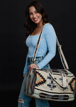 Load image into Gallery viewer, Tan, Brown &amp; Blue Aztec Duffel Bag
