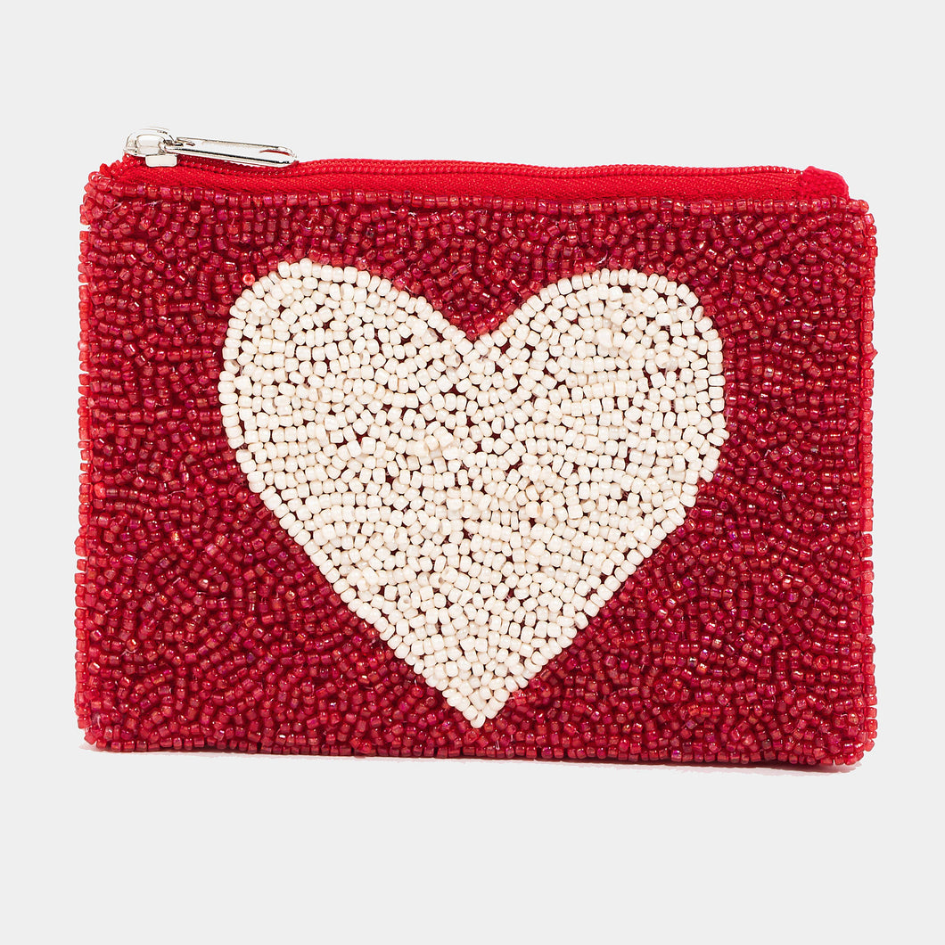 White Heart Seed Bead Coin Purse