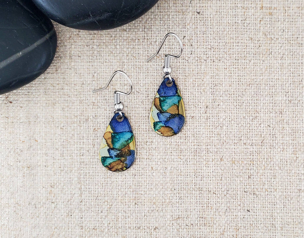 Alcohol Ink Stainless Teardrop Earrings: Blue/Browns