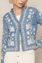 Load image into Gallery viewer, Long Sleeve Embroidered Denim Button Down Top: Dark Denim / M/L
