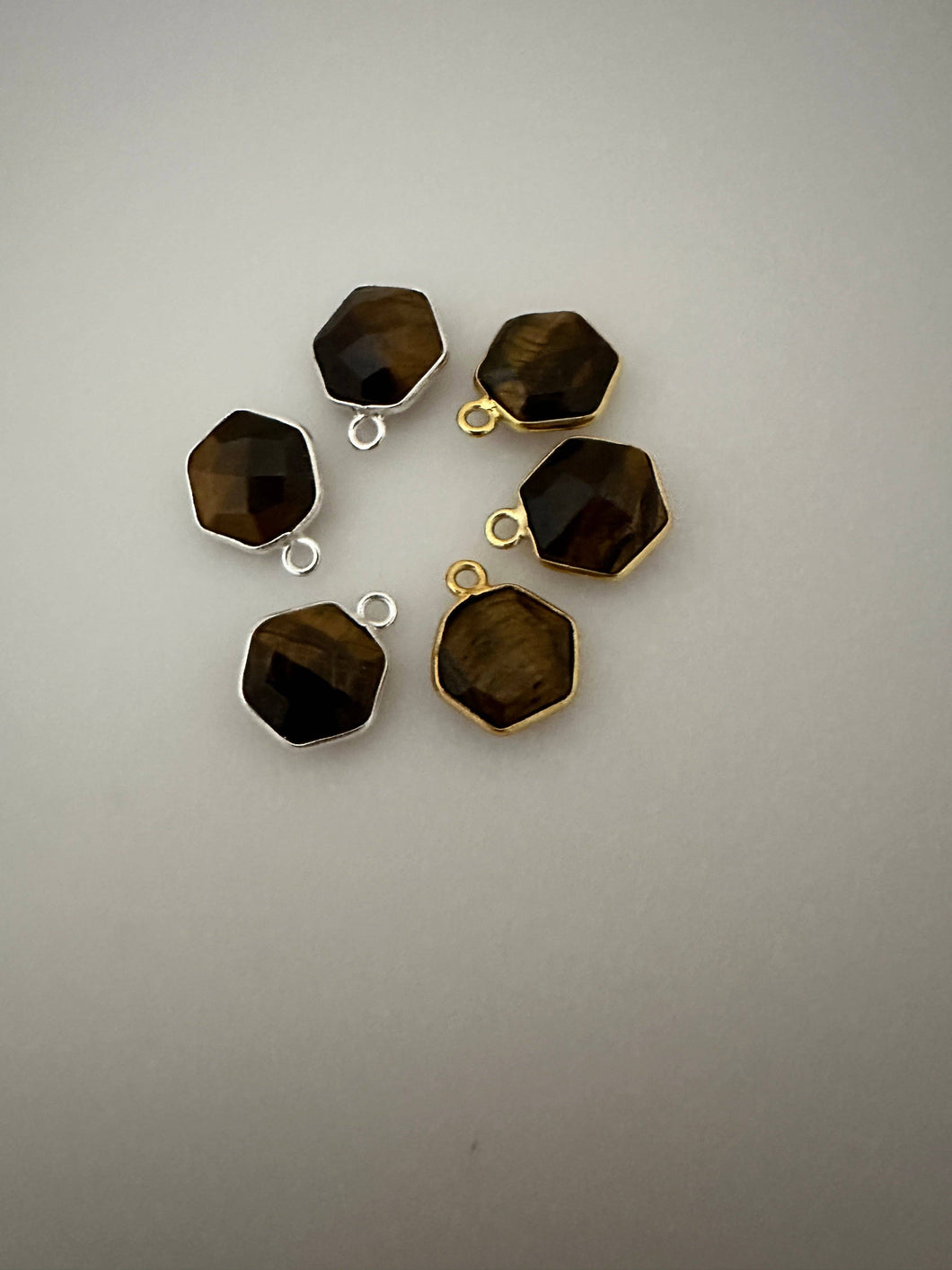 Tiger Eye Hexagon Pendant Bezel – 1 Pc | 9mm | One Loop | Gold Plated or 925 Sterling Silver | Natural Gemstone Jewelry Charm: Silver One loop
