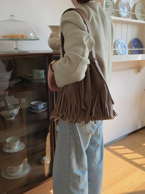 Fringe Bucket Shoulder Bag - Taupe