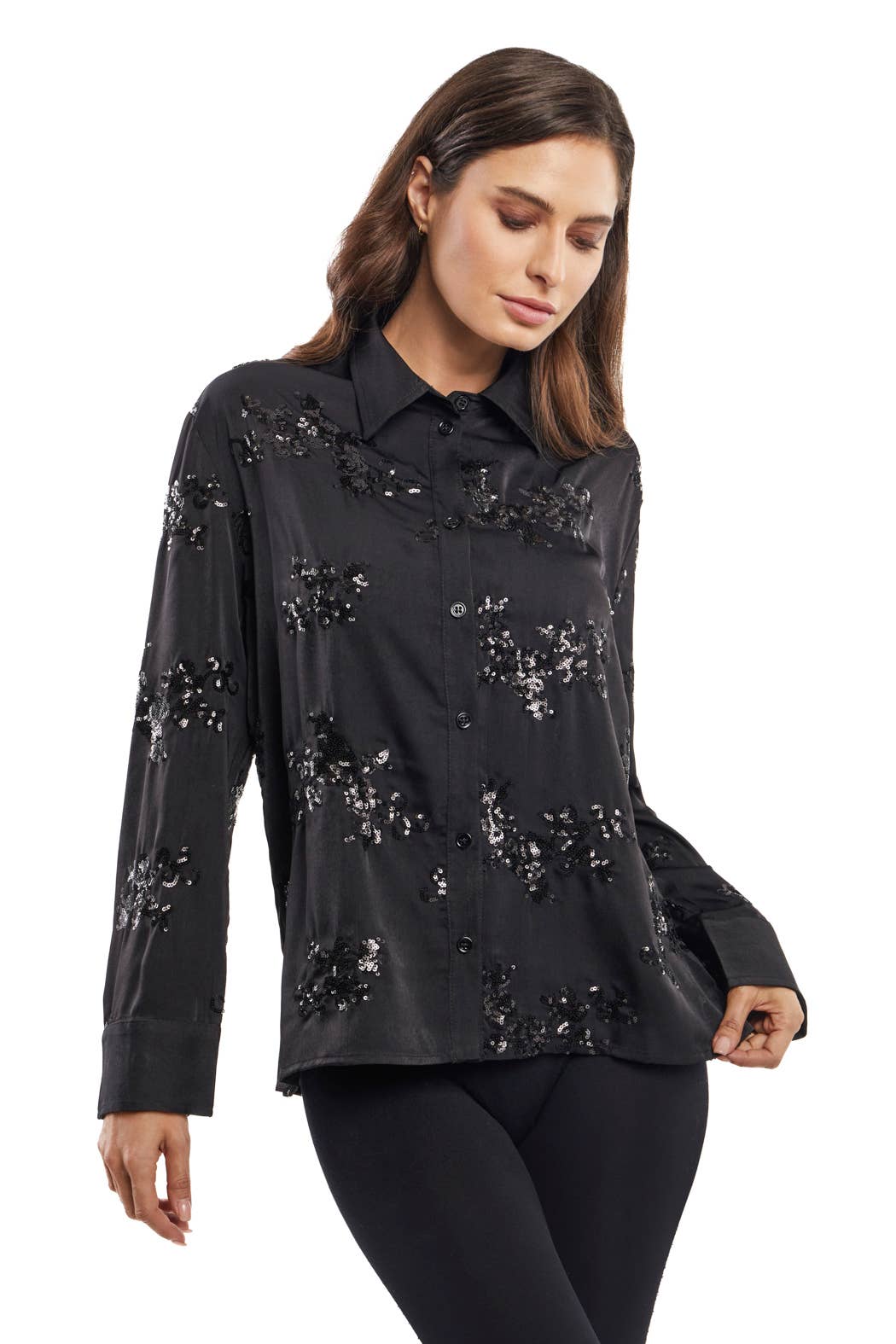 Black Sequined Button Down Top