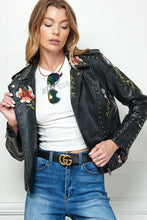 Load image into Gallery viewer, Embroidered Vegan Leather Moto Jacket - Black

