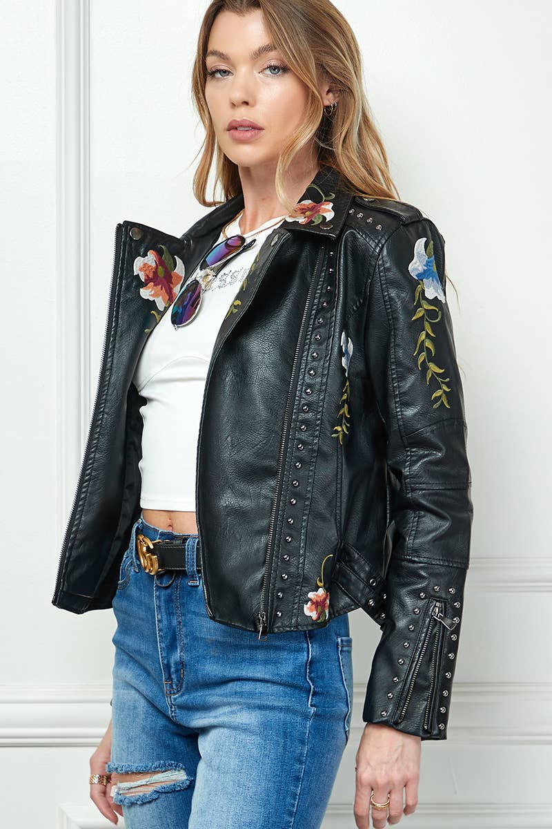 Embroidered Vegan Leather Moto Jacket - Black