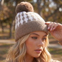 Load image into Gallery viewer, Abstract Diamond Stripe Knit Pom Pom Beanie: KA
