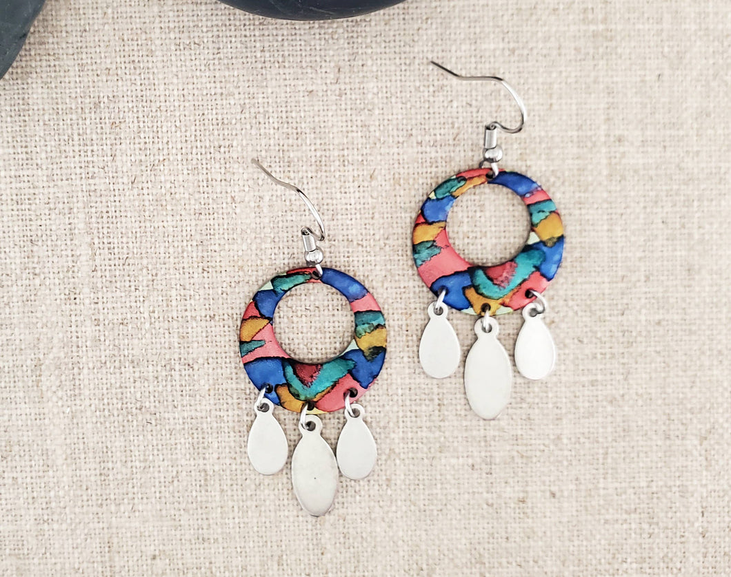 Alcohol Ink Stainless Chandelier Earrings: Multi Red