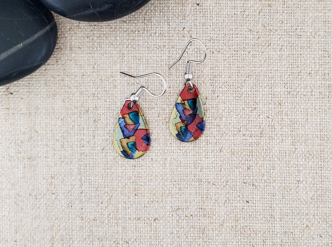 Artisan Alcohol Ink Small Teardrop Earrings - Red Multi