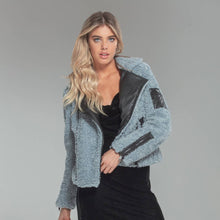 Load image into Gallery viewer, 3600-MBJ Faux Shearling &amp; Faux Leather Moto Jacket: S / Blue

