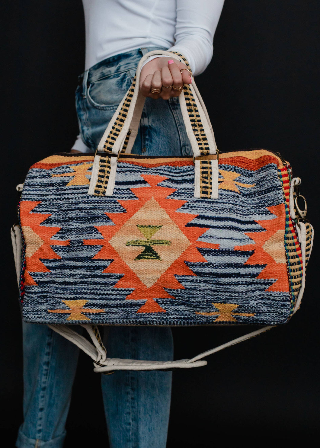 Blue & Multicolored Aztec Duffel Bag