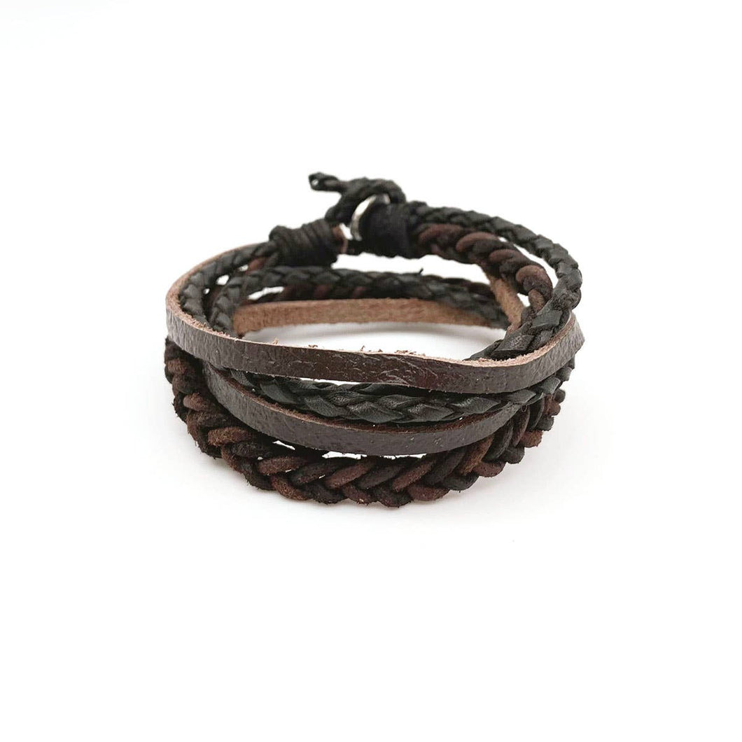 Black/Brown Braided and Smooth Leather Bracelet