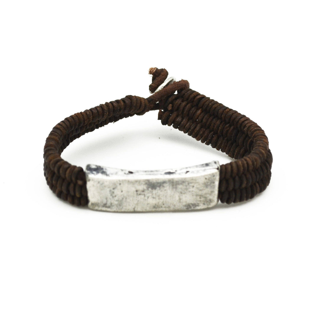 Braided Brown Leather With Silver Bar Bracelet