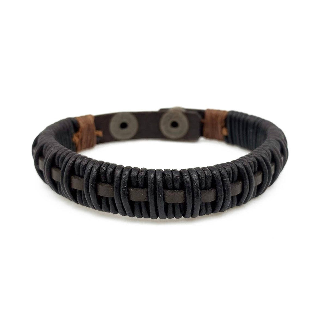 Brown and Black Woven Leather Snap Bracelet