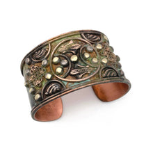 Load image into Gallery viewer, Rivets and Filigree Green Patina Copper Cuff
