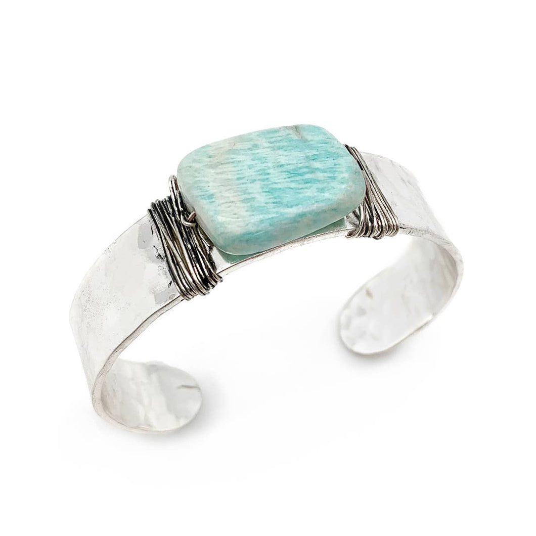 Silver Hammered Cuff With Stone - Amazonite