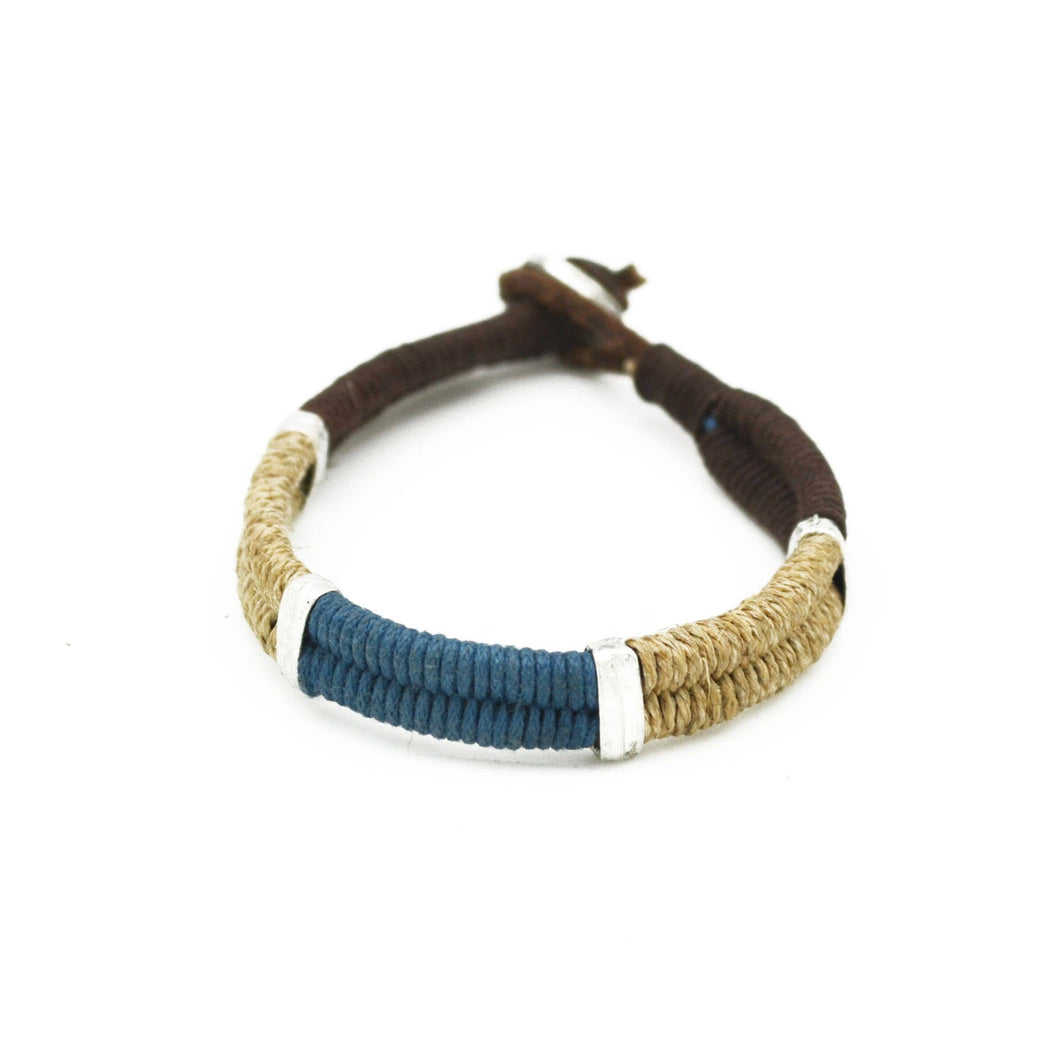 Blue and Tan Jute and Leather Men's Bracelet