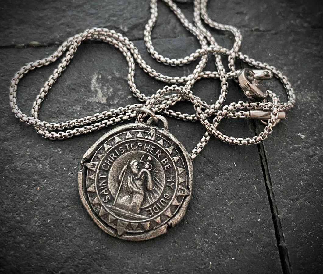 Stainless and Pewter St Christopher Medal Necklace