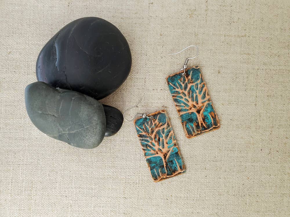 Natural Patina Large Copper Tree Earrings