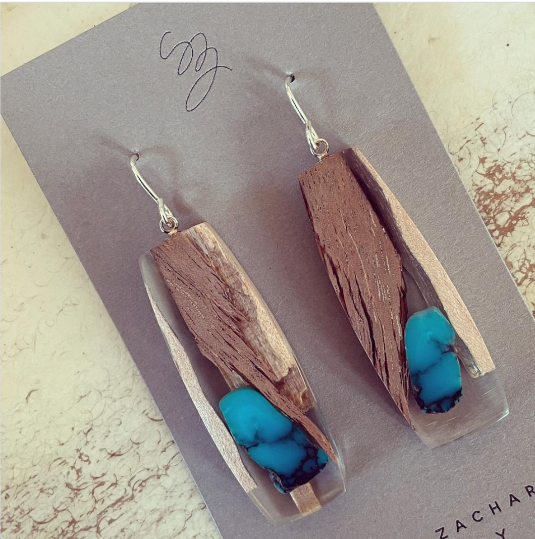 S. Zachary Turquoise, SS, Wood & Resin Earrings