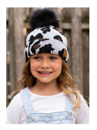 Kids White Leopard Knit Beanie