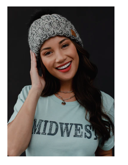 Women's Grey and Black Cable Knit Beanie
