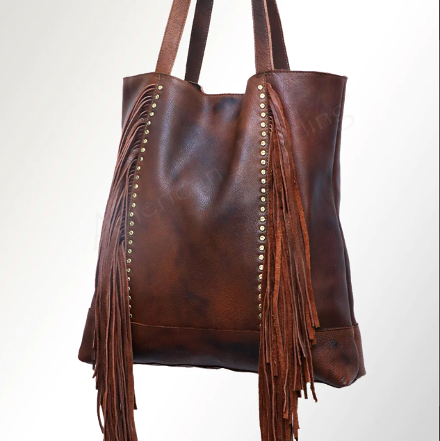 Brown Leather Fringe Studded Bag