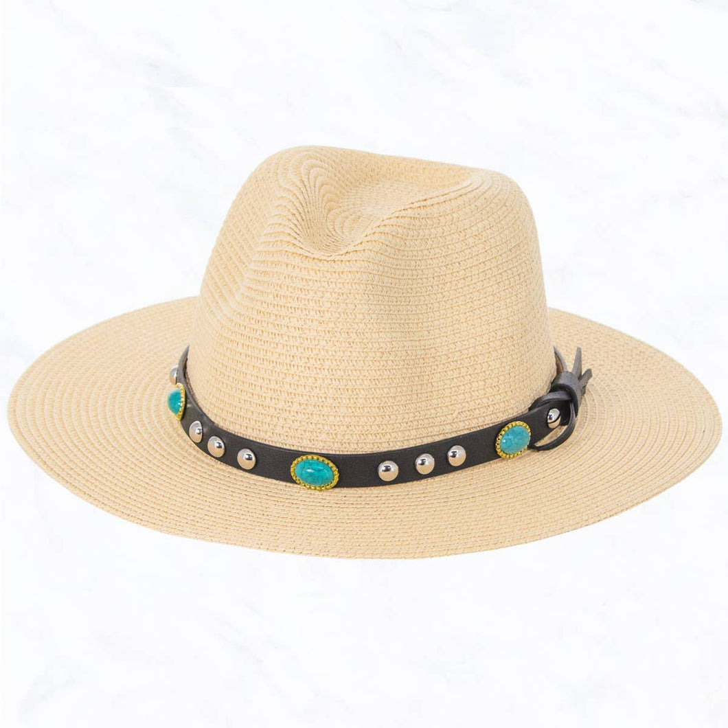 Turquoise, Leather and Straw Hat