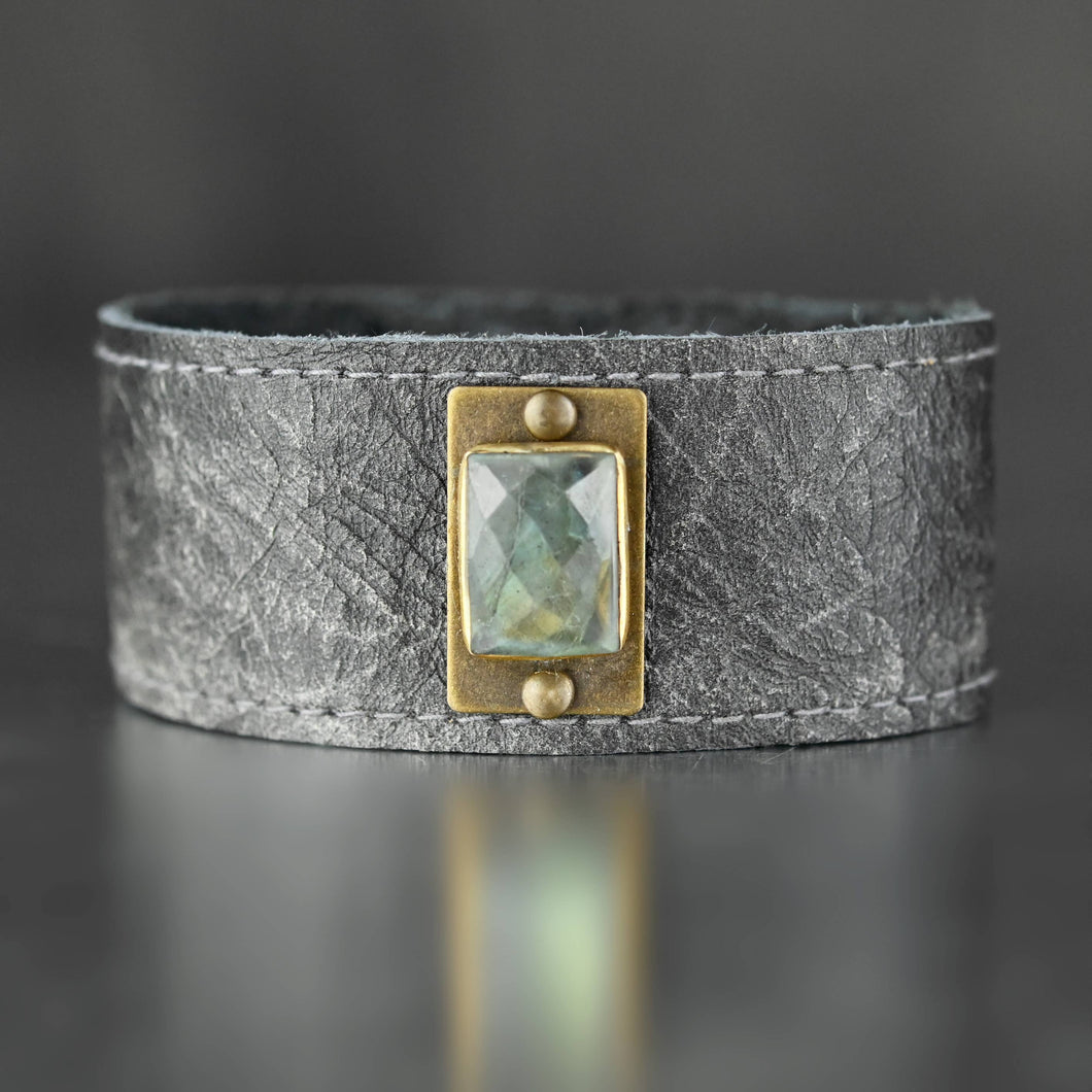 Distressed Brown Leather Cuff with Labradorite
