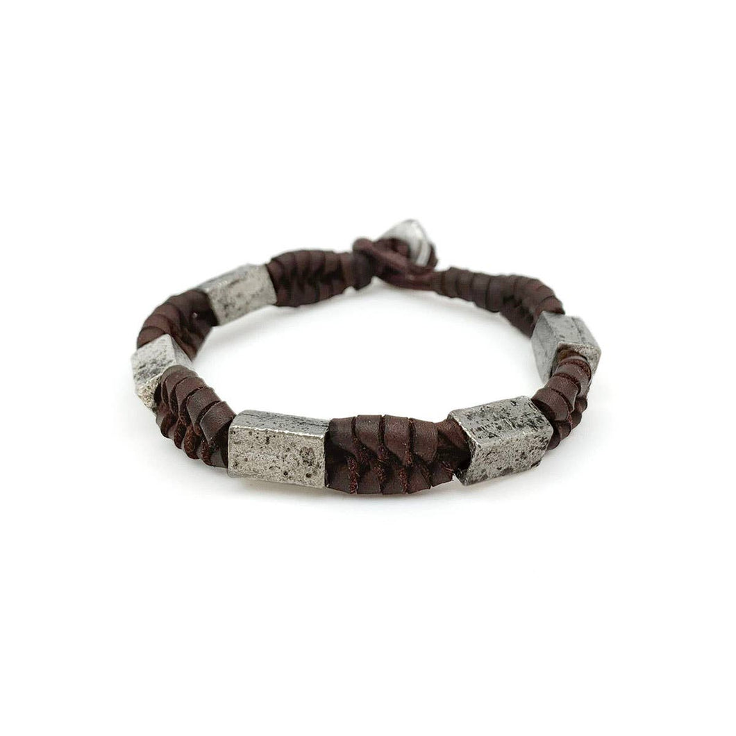 Brown Braided Leather with Metal Beads